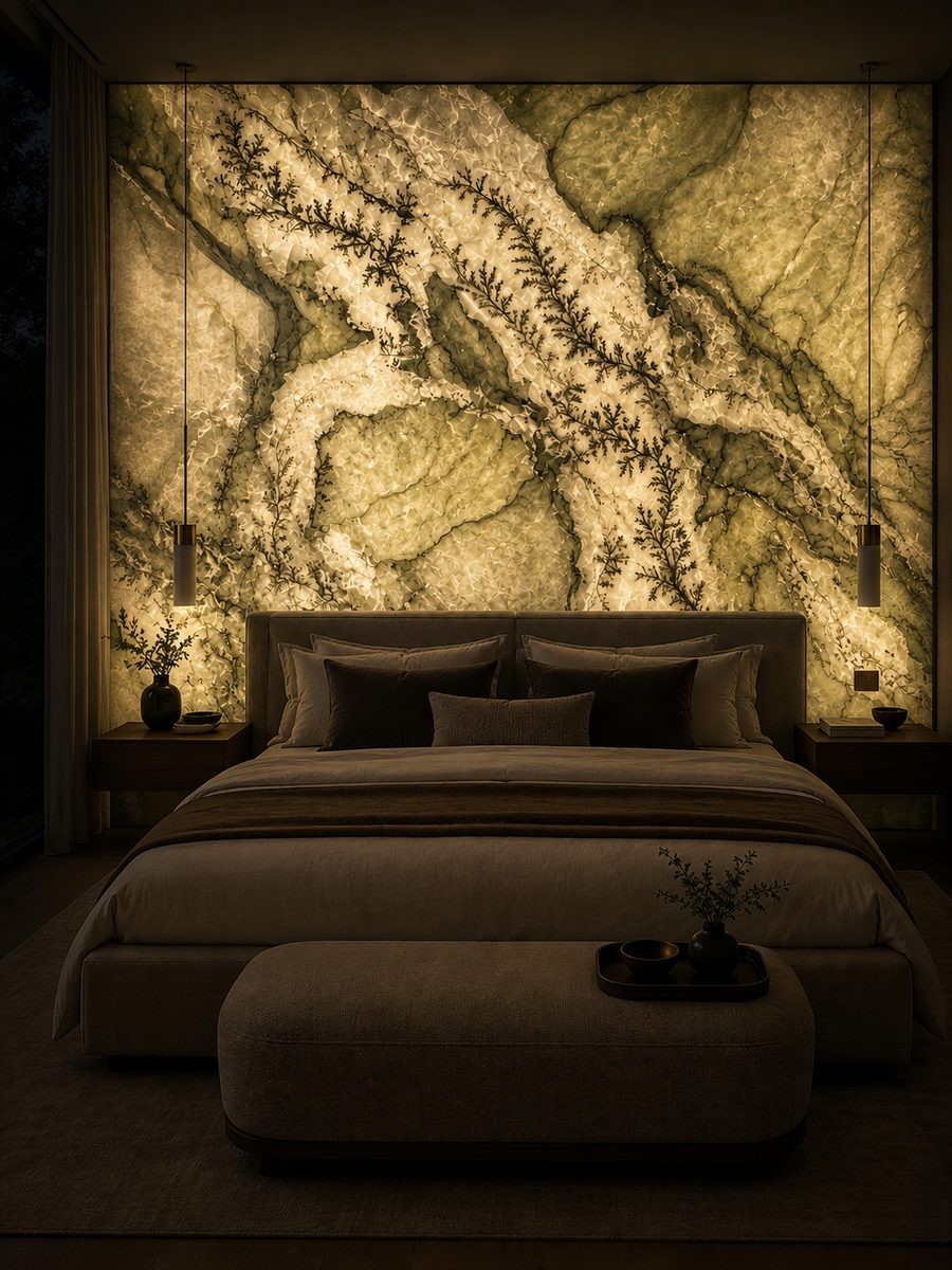 Cristallo Botanica quartzite in night light
